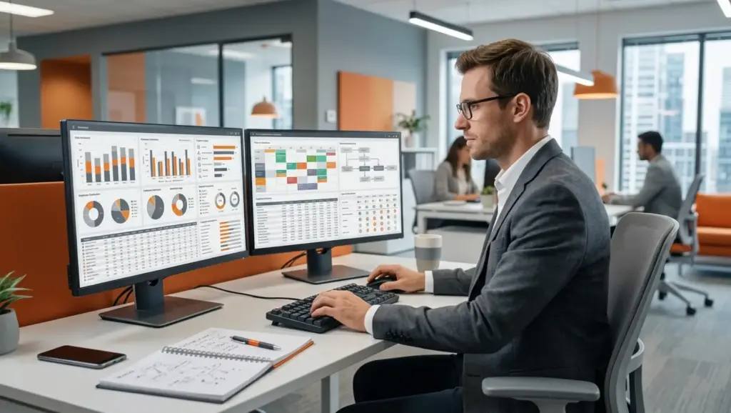 Melhores softwares de folha de pagamento: Funcionário em escritório usando dois monitores com gráficos e planilhas de controle, sugerindo análise de dados e gestão, com documentos sobre a mesa.