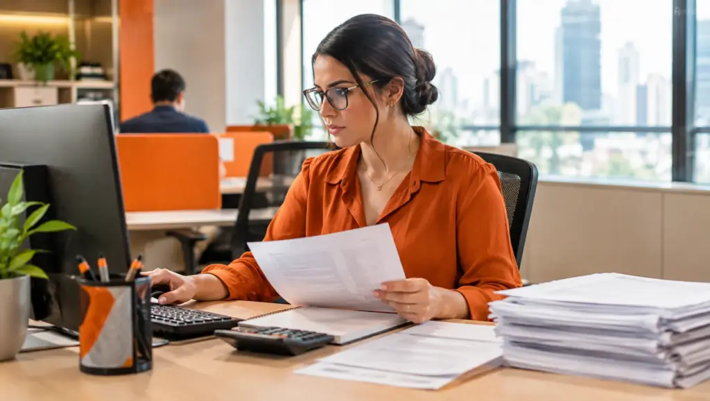 Mulher profissional em escritório utilizando computador e conferindo documentos de pagamento, com pilhas de papéis sobre a mesa e janela ao fundo, imagem para Melhores softwares de folha de pagamento