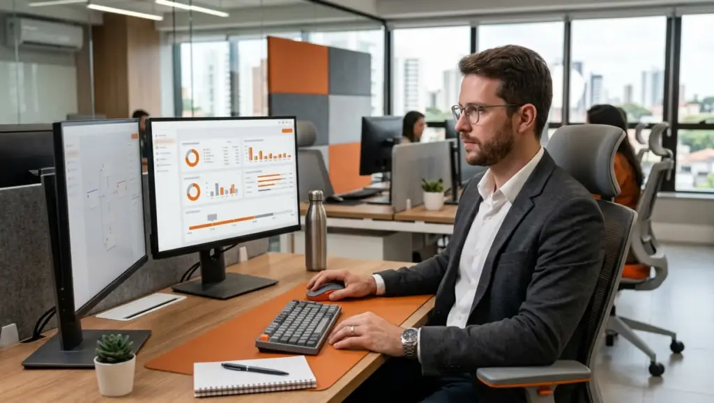 Melhores softwares de folha de pagamento: Profissional trabalhando em um escritório moderno diante de monitores com gráficos e relatórios de sistema de gestão de dados, com notebook e calculadora na mesa