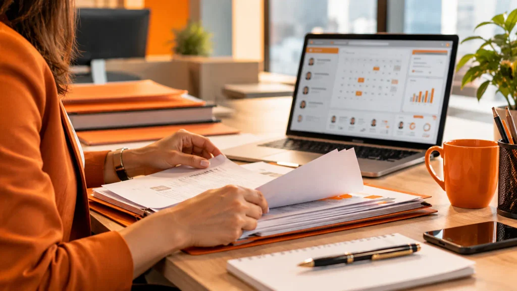 Mesa de escritório com uma pessoa analisando documentos e planilhas em um notebook, canetas e xícara de café ao lado. Férias indenizadas