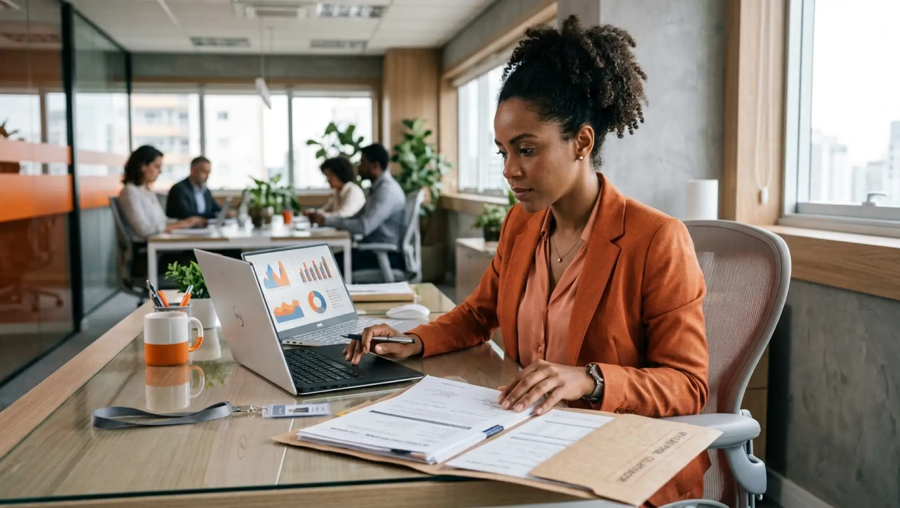 Profissional em escritório moderno revisa documentos e prepara papéis sobre recomendações no computador, em ambiente de trabalho com colegas ao fundo, útil para Modelos de carta de recomendação.