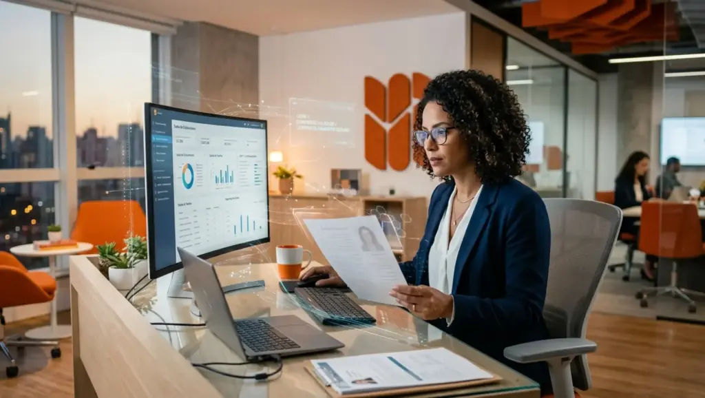 Modelos de carta de recomendação em ambiente corporativo: profissional revisa um documento impresso ao lado de computador com gráficos em tela, em escritório moderno