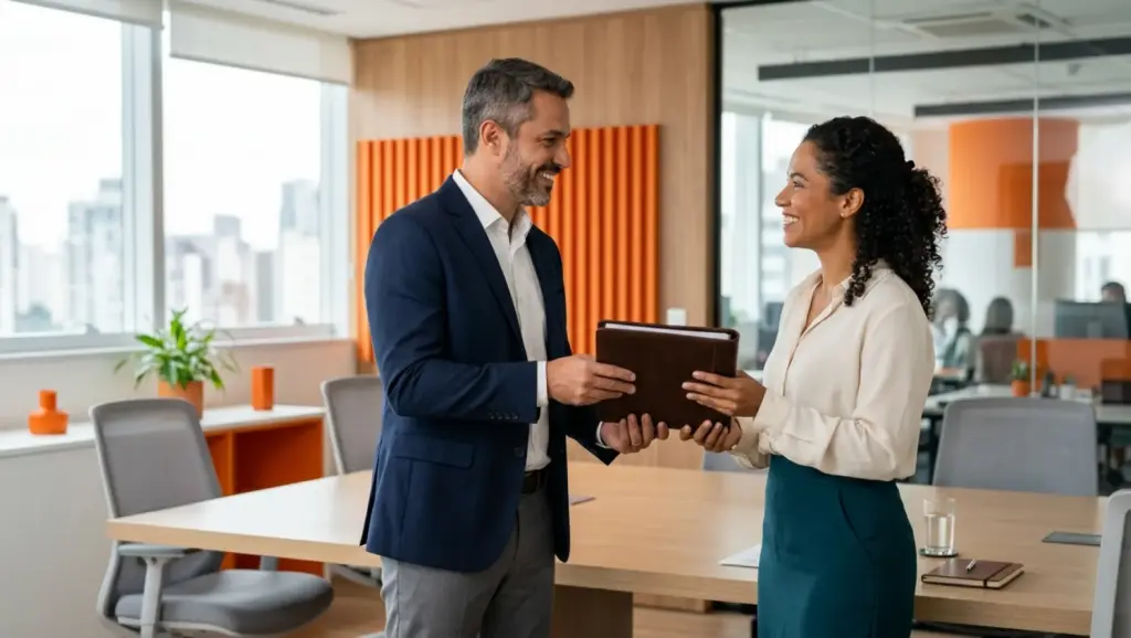 Modelos de carta de recomendação: duas pessoas em ambiente corporativo trocam uma pasta com documento, sugerindo assinatura e encaminhamento de carta profissional no escritório