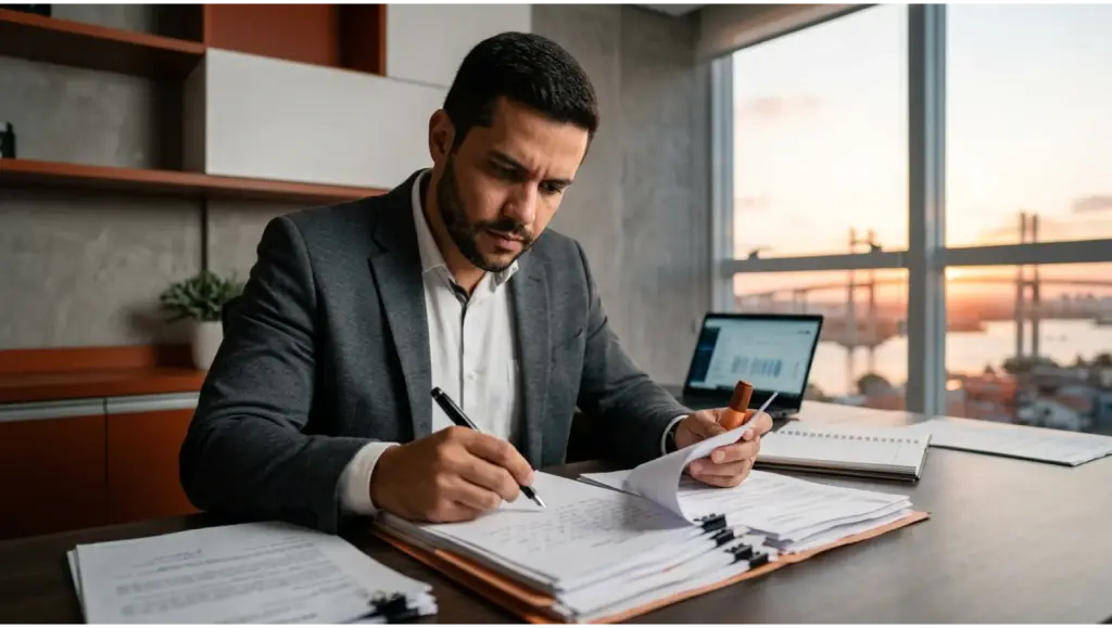 Módulo de Inclusão Tributária (MIT: Homem em escritório assinando documentos e preenchendo formulários ao lado de notebook e papéis sobre a mesa, com janela ao fundo mostrando o pôr do sol