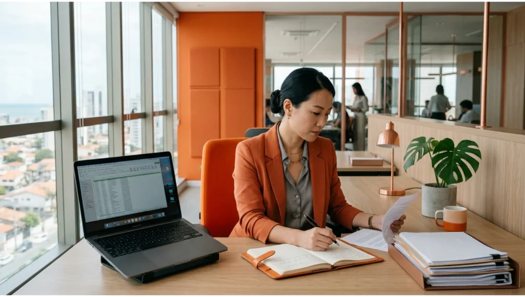 Mulher em um escritório corporativo, analisando documentos e fazendo anotações em uma mesa com notebook aberto, sugerindo Insubordinação no trabalho no ambiente profissional
