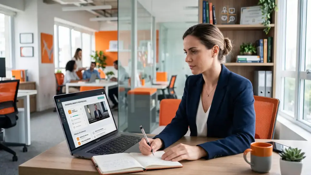 Mulher em ambiente corporativo, sentada à mesa e preenchendo anotações enquanto usa um notebook com interface de sistema de gestão de cursos LMS para ensino e treinamentos da equipe.