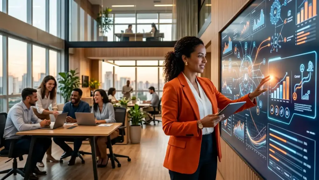 Profissional em escritório moderno apresenta gráficos e telas com dados, usando elementos visuais de IA em um painel tecnológico ao lado de uma equipe reunida em uma sala de trabalho.
