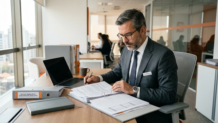 Profissional em escritório corporativo assinando documentos em uma mesa com notebook e arquivos, enquanto pessoas trabalham ao fundo. Conectividade Social ICP em ambiente de trabalho.