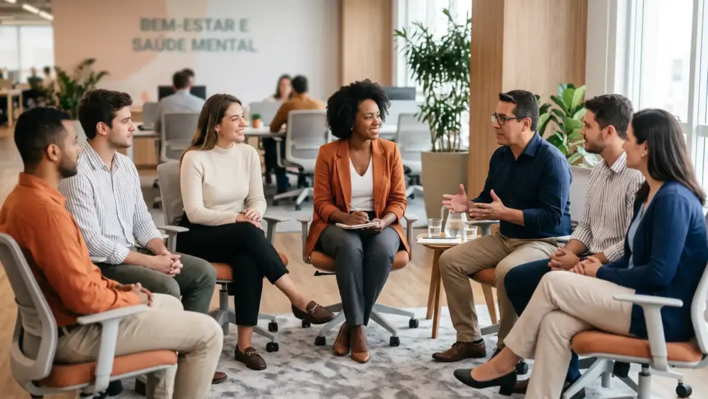 Reunião de equipe em ambiente corporativo com pessoas sentadas em círculo para conversa e integração, com cartaz ao fundo de Bem-estar e Saúde Mental, tema SIPAT.