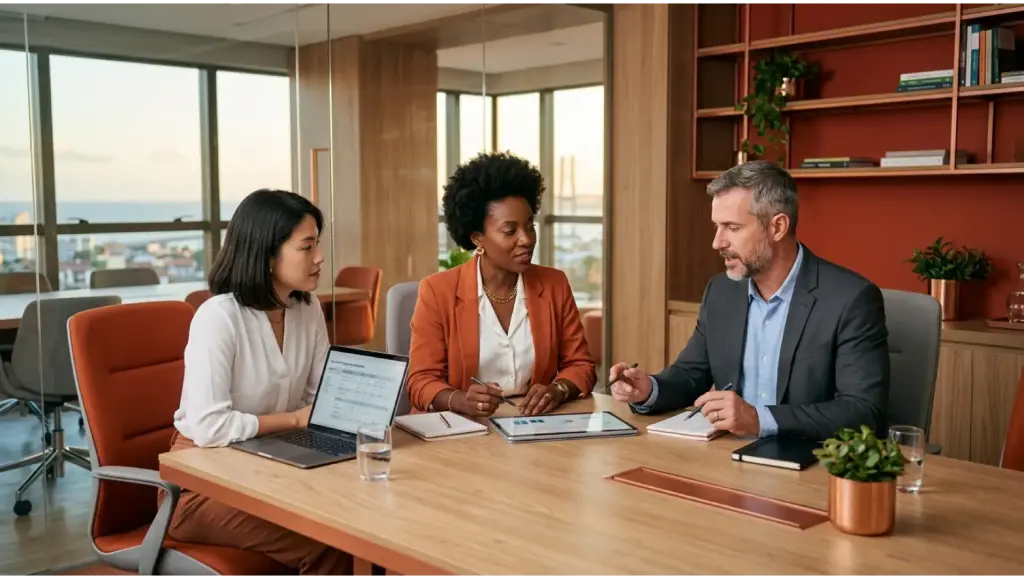 Três profissionais em reunião em um escritório com laptops e documentos sobre a mesa, conversando e analisando informações para auditoria trabalhista, com vista para o mar ao fundo.