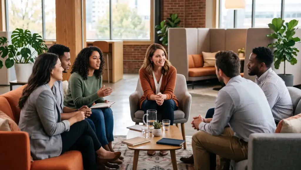 Reunião em grupo em uma sala de escritório com pessoas sentadas em círculo, conversando e trocando ideias, em um encontro de SIPAT para segurança no trabalho.