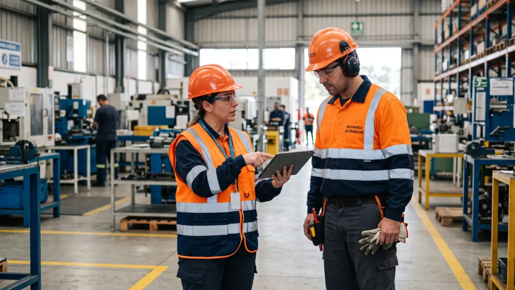 Dois trabalhadores de uma indústria usando capacete e colete de segurança conversam e analisam um relatório em uma fábrica com máquinas ao fundo, representando a SIPAT