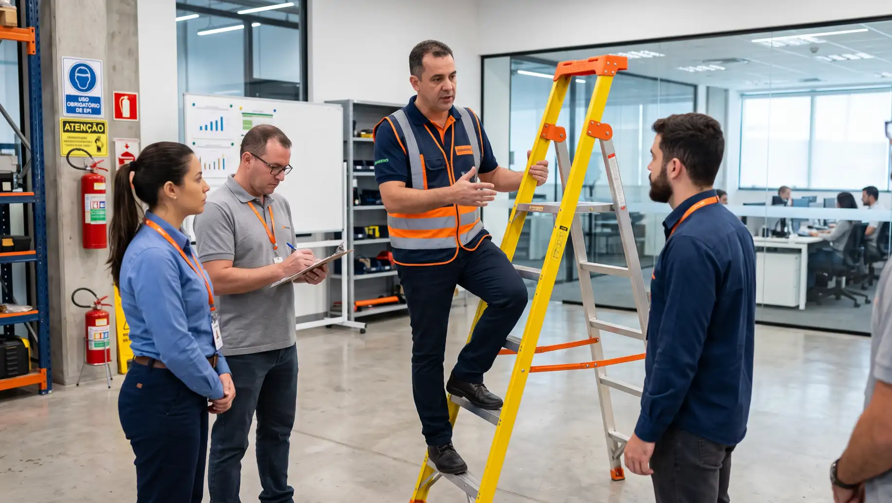 Equipe em treinamento de segurança na SIPAT em ambiente industrial, com instrutor ao lado de escada e trabalhadores usando coletes refletivos e crachás, orientações práticas