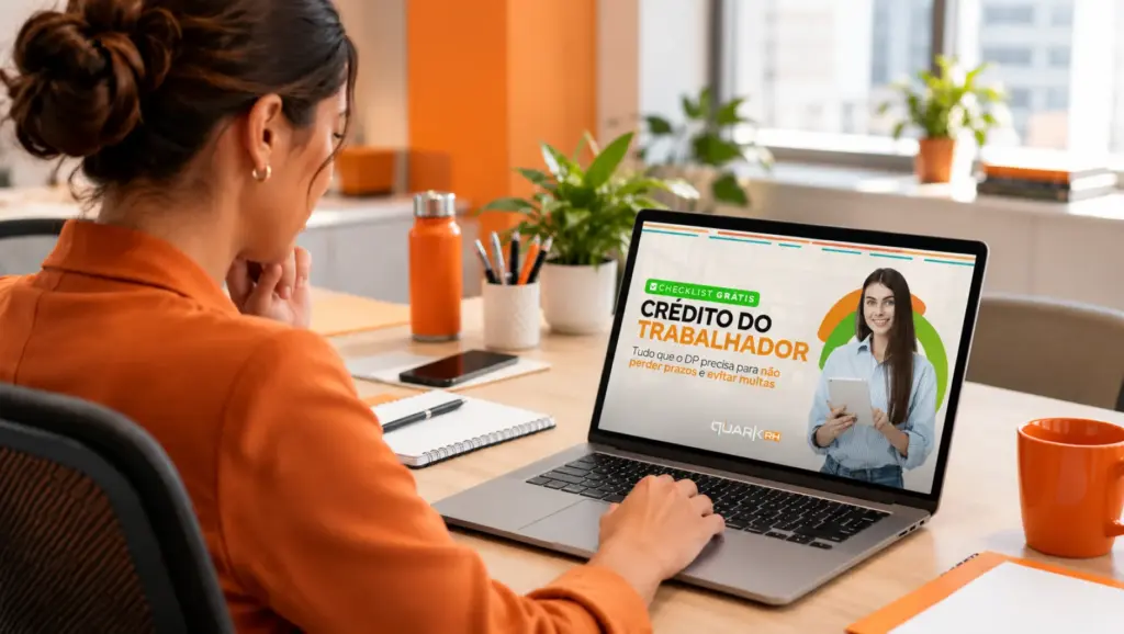 Checklist do Crédito do Trabalhador em tela de notebook durante trabalho em escritório, com pessoa revisando informações e material de escritório na mesa.