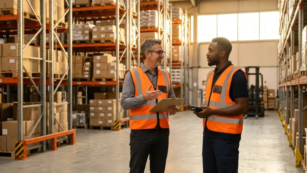 Data-base: Dois trabalhadores em centro de distribuição, com coletes laranja de segurança, conversam e usam tablets em meio a prateleiras e caixas organizadas no armazém, com controle de inventário.
