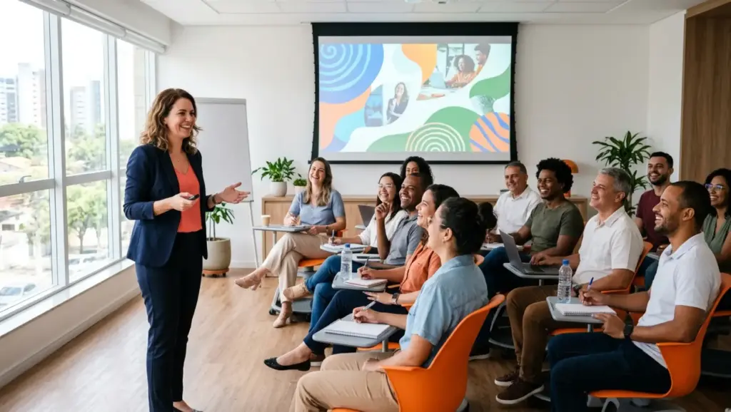 Data-base: Reunião em sala de conferências com pessoas ao redor de uma mesa e uma apresentadora em pé, discutindo ideias, em ambiente corporativo com telão e janelas ao fundo