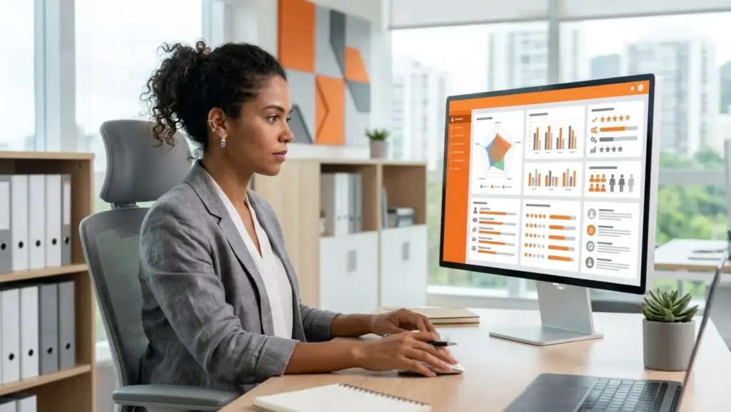 Mulher profissional sentada em escritório moderno, usando computador com gráficos e relatórios em tela, transmitindo organização e gestão de informações no trabalho. Descrição de cargo