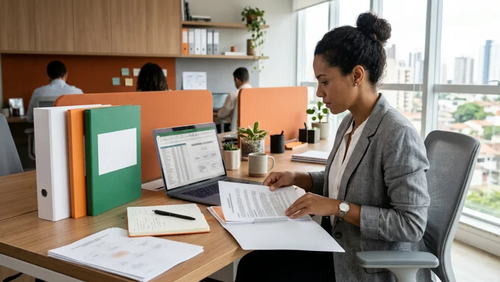 Descrição de cargo: Profissional em escritório analisando documentos e planilhas em um laptop, enquanto organiza pastas e materiais de trabalho na mesa, com vista para a cidade ao fundo.