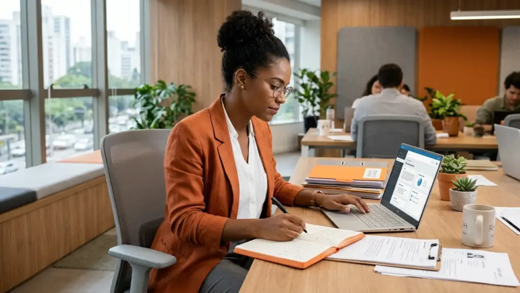 Descrição de cargo: Profissional em escritório corporativo analisa documentos e faz anotações em uma mesa com laptop e formulários, enquanto ao fundo pessoas trabalham. Aparência e contexto sugerem trabalho administrativo.