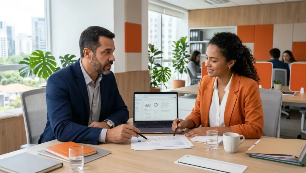 Descrição de cargo: Reunião profissional em escritório moderno: dois colegas analisam gráficos em um notebook e discutem resultados enquanto assinam documentos à mesa, com foco em trabalho e colaboração.