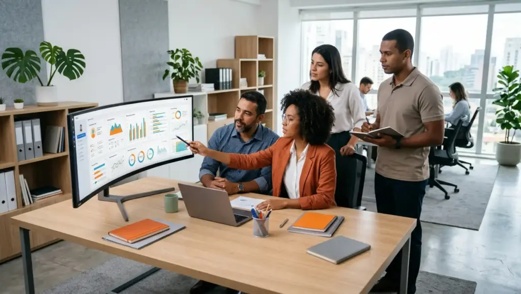 Diferença entre DP e RH: Equipe em uma sala de escritório analisando gráficos em monitores e conversando em reunião, com pastas e notebooks sobre a mesa, ambiente corporativo moderno