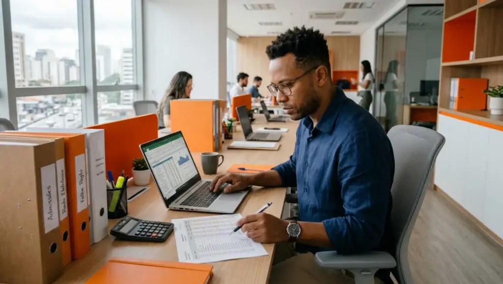 Diferença entre DP e RH: Homem trabalhando em escritório moderno, usando computador e analisando documentos e planilhas em uma mesa com pastas e calculadora; visão corporativa.