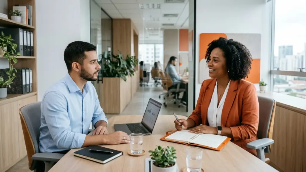 Diferença entre DP e RH: Reunião em escritório moderno entre dois profissionais sentados à mesa, conversando e anotando em bloco durante entrevista ou conversa de trabalho, com notebook ao lado.