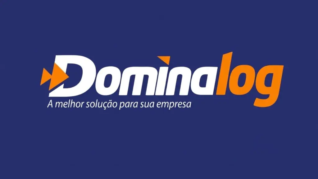 Dominalog: logotipo com texto “A melhor solução para sua empresa” em fundo azul e ícones gráficos em laranja e branco.