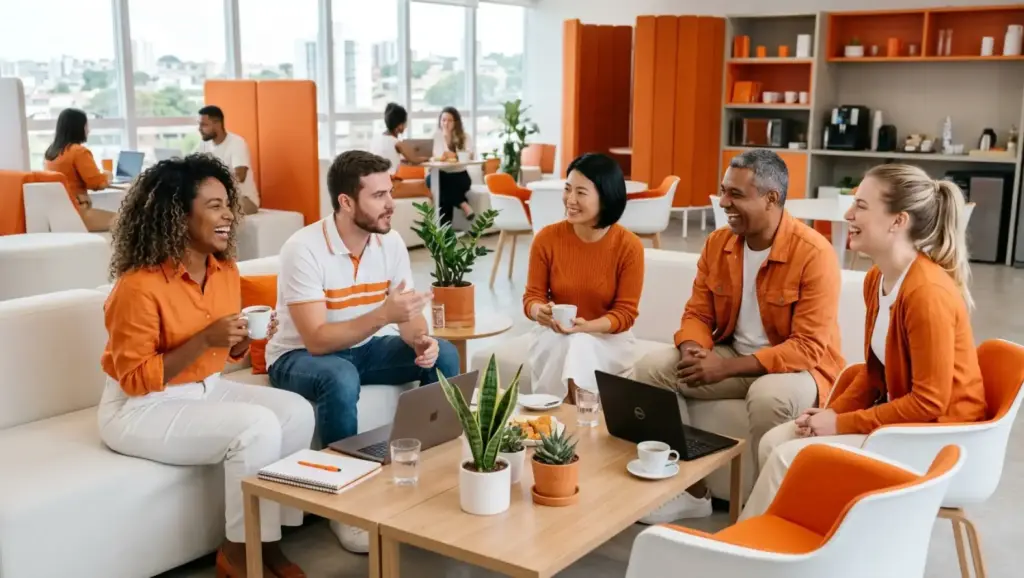 Equipe de funcionários em sala de reunião, conversando e sorrindo em um ambiente de escritório moderno, durante um encontro de trabalho. Retenção de funcionários