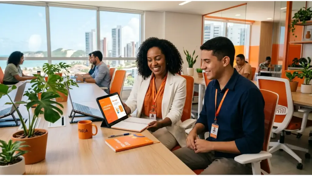 Pessoas em uma sala de reunião moderna, trabalhando em equipe ao redor de uma mesa com notebook e materiais de treinamento, em contexto corporativo. Microlearning.