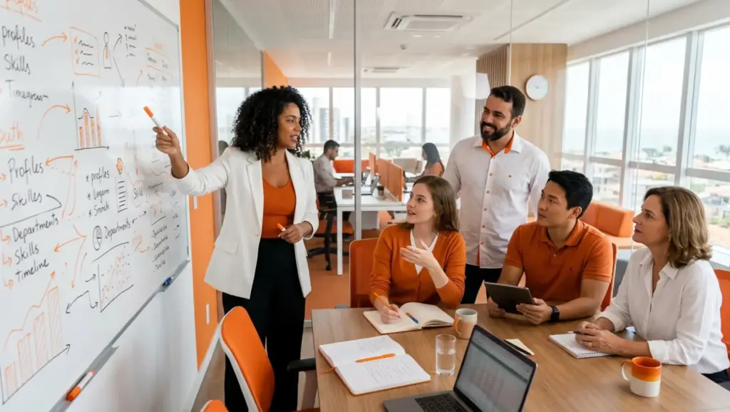 Equipe em sala de reuniões, com uma profissional apontando ideias em quadro branco e colegas sentados com notebooks, em ambiente corporativo. Banco de talentos.
