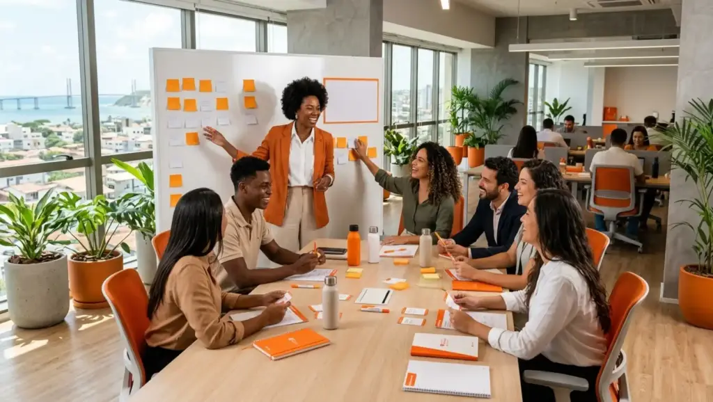 Equipe reunida em sala de reunião moderna usando um quadro branco com post-its e cartões laranja para uma dinâmica de planejamento, com a palavra Exemplos de PDI em destaque na organização.