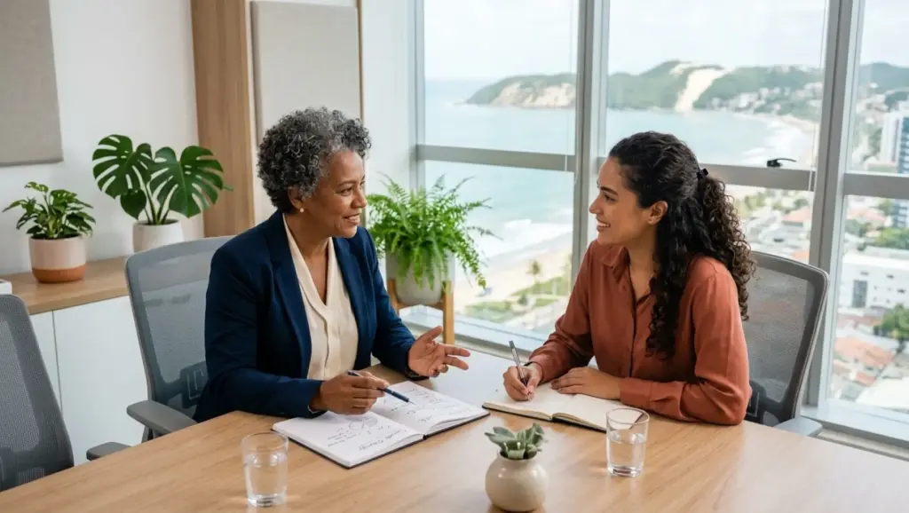Exemplos de PDI: duas mulheres em reunião em um escritório moderno, discutindo um relatório sobre a mesa com vista para o mar ao fundo