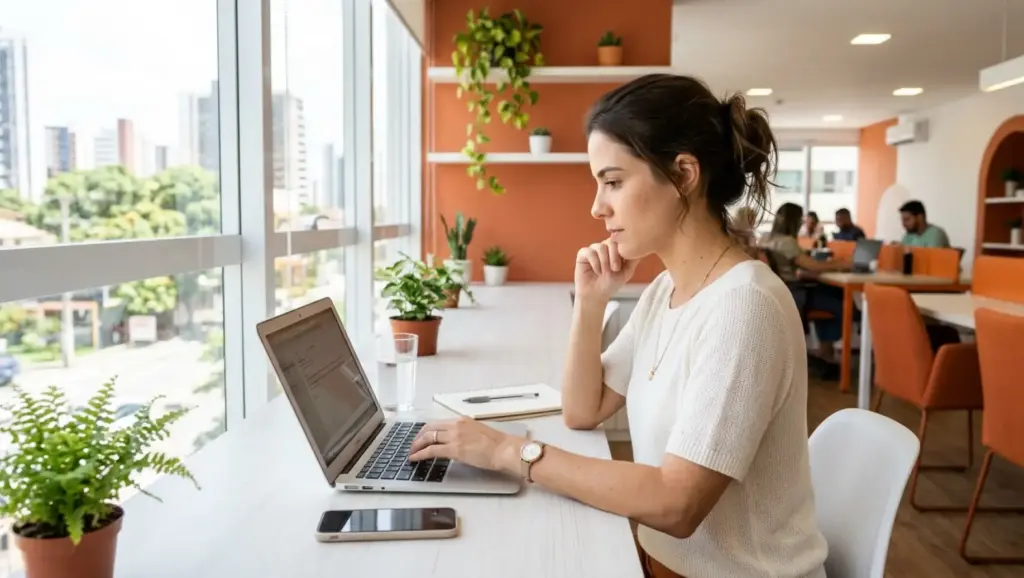Feedback para candidatos reprovadosNPS para clínicas: mulher em sala de atendimento usando notebook e celular, em ambiente moderno com janelas grandes e escritório ao fundo