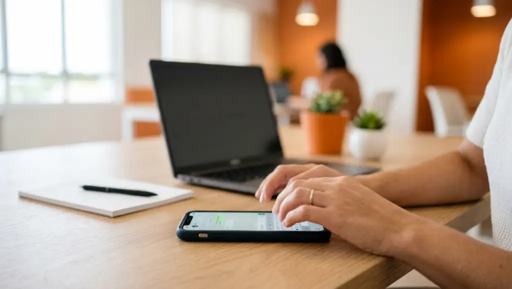 Feedback para candidatos reprovadosNPS para clínicas: Pessoa usando smartphone na mesa de um escritório, com notebook e caderno ao fundo, enquanto outra pessoa desfocada trabalha no ambiente.