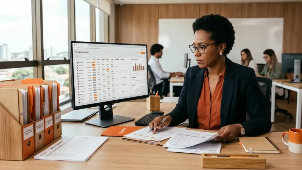 folha de ponto: Mulher em escritório corporativo analisando relatórios e usando um computador com tela de sistema de controle de ponto, enquanto preenche documentos em uma mesa com pastas e formulários.