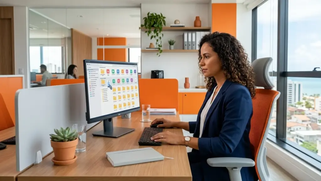 GED: Mulher trabalhando em escritório corporativo, em frente a dois monitores com planilha e gráficos, digitando no teclado em uma mesa com notebook e planta. Ambiente com cores laranja e janelas ao fundo.