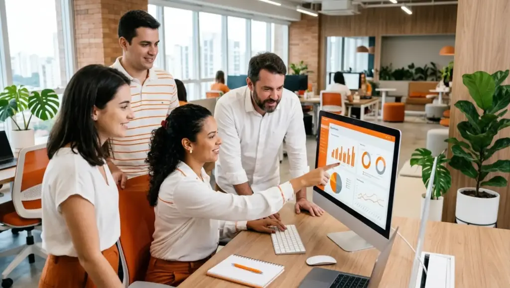 GRRF: Equipe em sala de escritório moderno analisando gráficos e indicadores em um monitor, em colaboração durante reunião de trabalho com tecnologia e dados visuais.