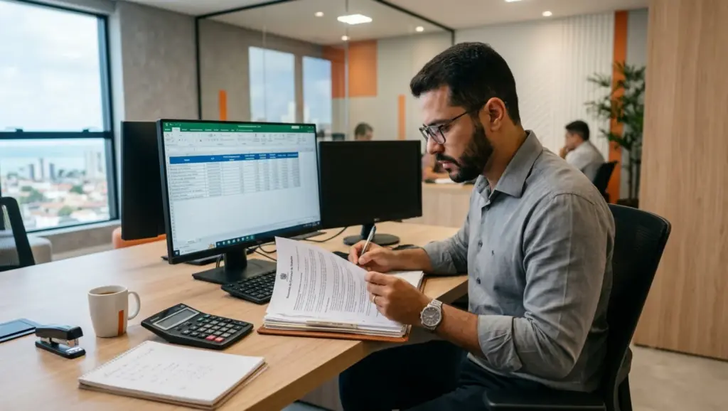 Homem em escritório corporativo analisando documentos e preenchendo anotações em frente a dois monitores com planilhas, enquanto discute com colegas ao fundo. verbas indenizatórias