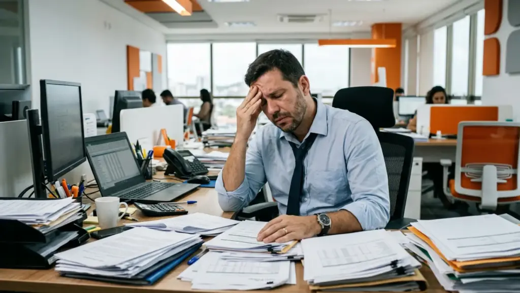 Homem com expressão de cansaço e estressado em um escritório, com pilhas de documentos sobre a mesa, apoiando o rosto com a mão, sugerindo burnout no trabalho