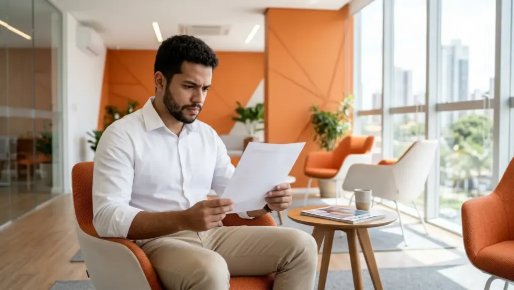 Homem em escritório moderno lendo uma carta proposta enquanto revisa documentos em uma reunião, sentado em poltrona com papel na mão e ambiente corporativo ao fundo.