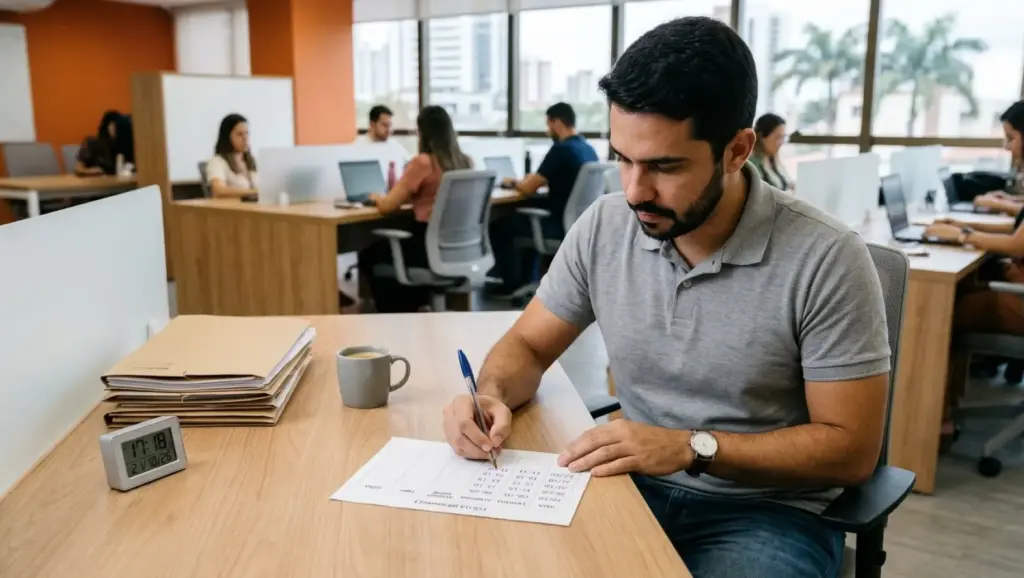 folha de ponto: Mulher em escritório corporativo analisando relatórios e usando um computador com tela de sistema de controle de ponto, enquanto preenche documentos em uma mesa com pastas e formulários.