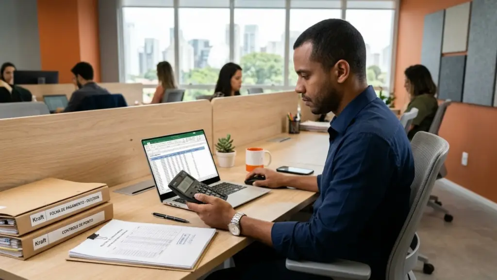Homem em escritório utilizando um computador e um leitor de ponto, com calculadora e documentos sobre a mesa, sugerindo folha de ponto e conferência de registros.
