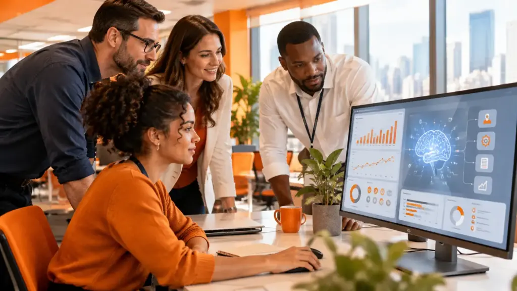 Equipe em escritório colaborando ao redor de um monitor com gráficos e ícones, enquanto discutem projetos; ambiente corporativo com tecnologia, IA e empregos em destaque na cena.