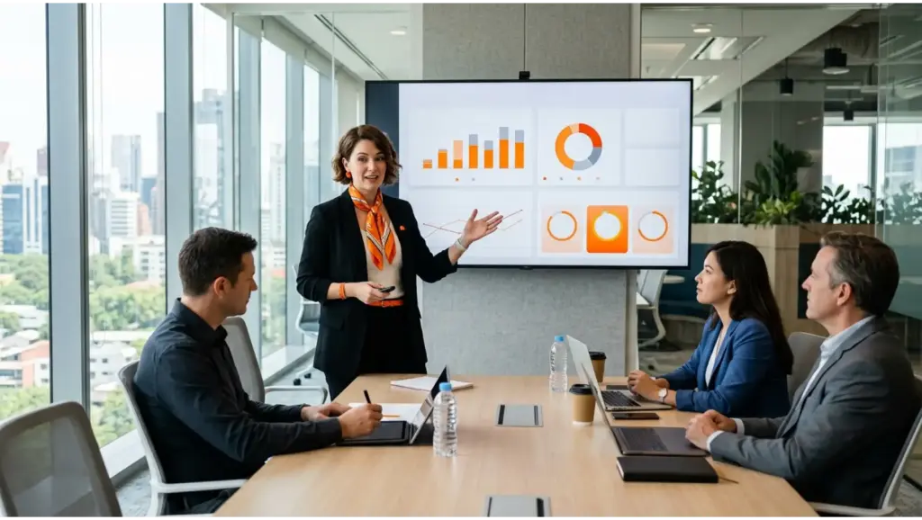 Indicadores de desempenho em apresentação: reunião em sala corporativa com profissional apontando para gráficos e painéis em uma tela, enquanto equipe analisa dados no escritório.