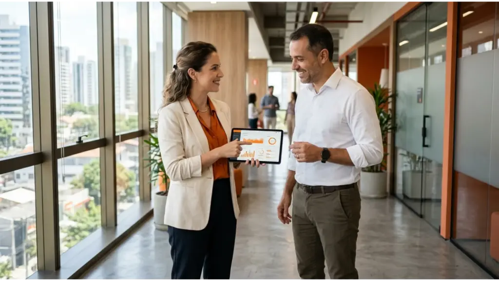 Indicadores de desempenho em reunião: duas pessoas em um escritório moderno analisam gráficos em um tablet, discutindo resultados e estratégias com olhar atento e profissional.