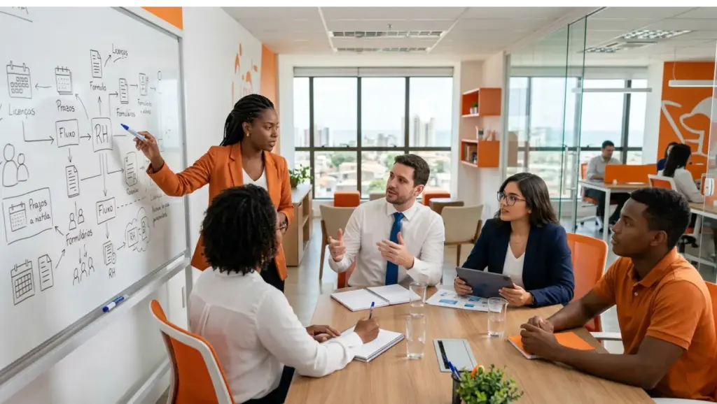 Equipe em sala de reunião no escritório com pessoas discutindo estratégia enquanto uma mulher aponta para um quadro branco cheio de diagramas e anotações. Licença remunerada