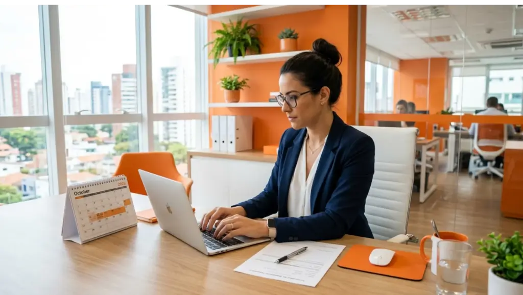 licença remunerada: Profissional trabalhando em escritório moderno, usando notebook e analisando documentos sobre a mesa ao lado de um calendário. Ambiente corporativo com janelas e plantas.