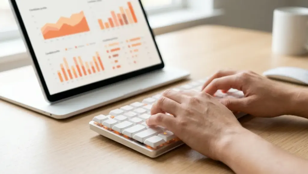 Mulher trabalhando em escritório moderno, com notebook aberto e página de banco de talentos na tela, enquanto conversa e organiza tarefas em ambiente corporativo com janelas e coworking ao fundo.