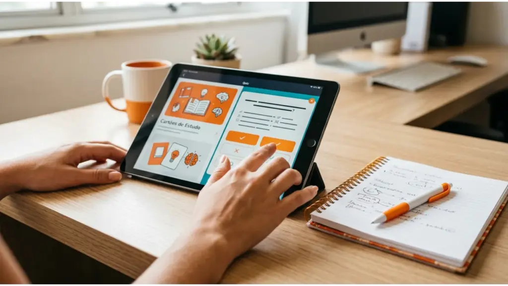 Microlearning em formato digital: pessoa usando tablet com interface de estudo e tarefas na tela, enquanto anotações e caneta estão sobre a mesa de trabalho.